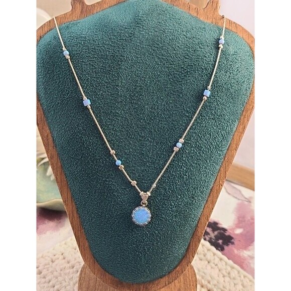 925 Sterling Silver Blue Fire Opal Pendant Necklace 18" Dainty Artisan Israeli - Picture 4 of 5